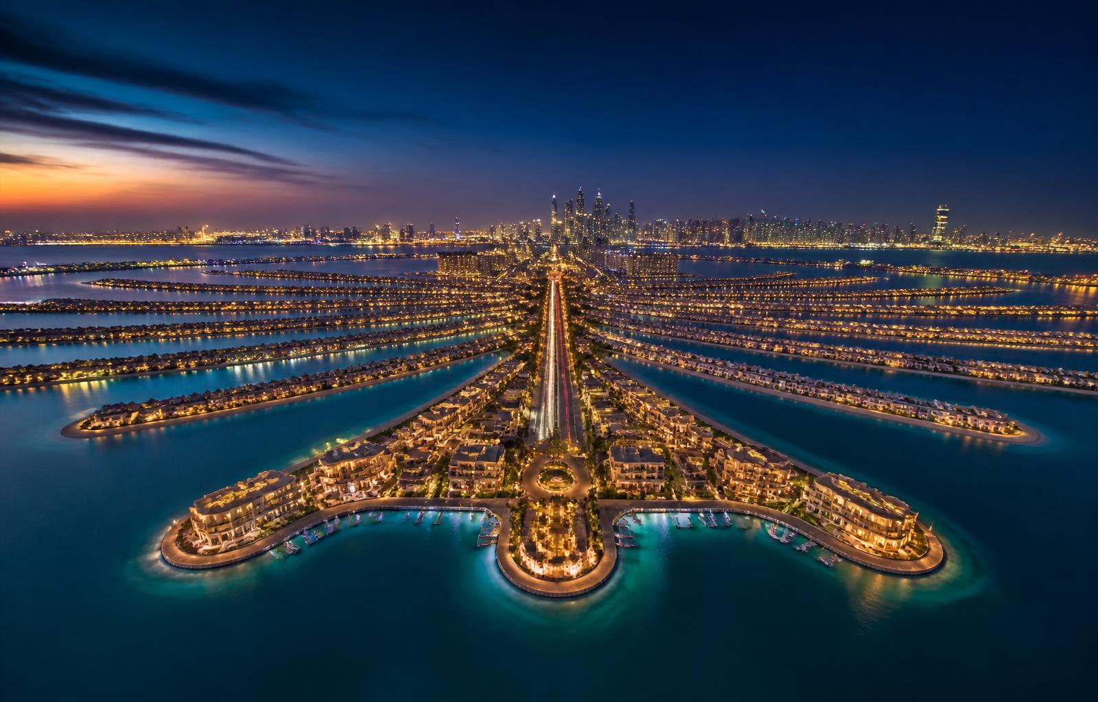 Palm Jumeirah aerial at twilight